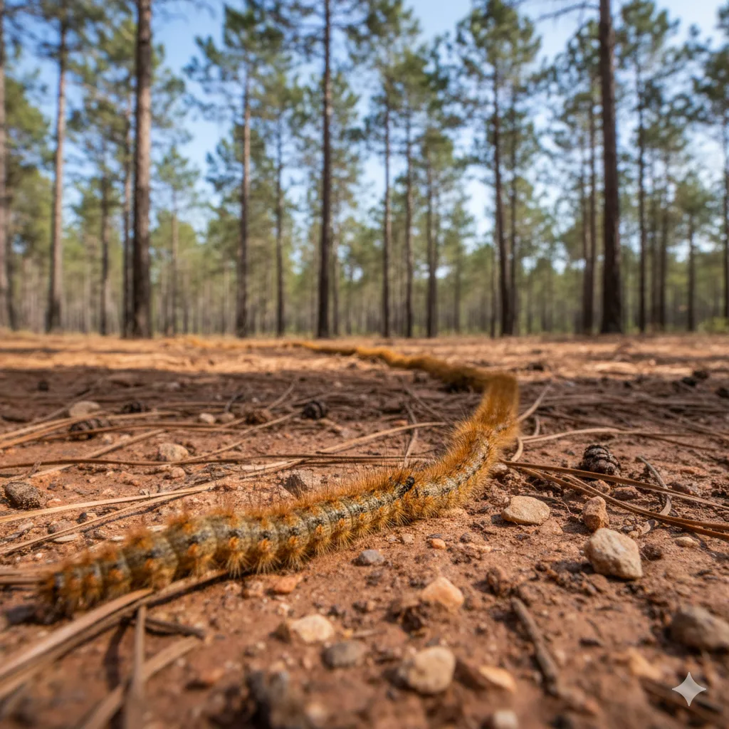 Oruga procesionaria en fila sobre el suelo en un parque con pinos