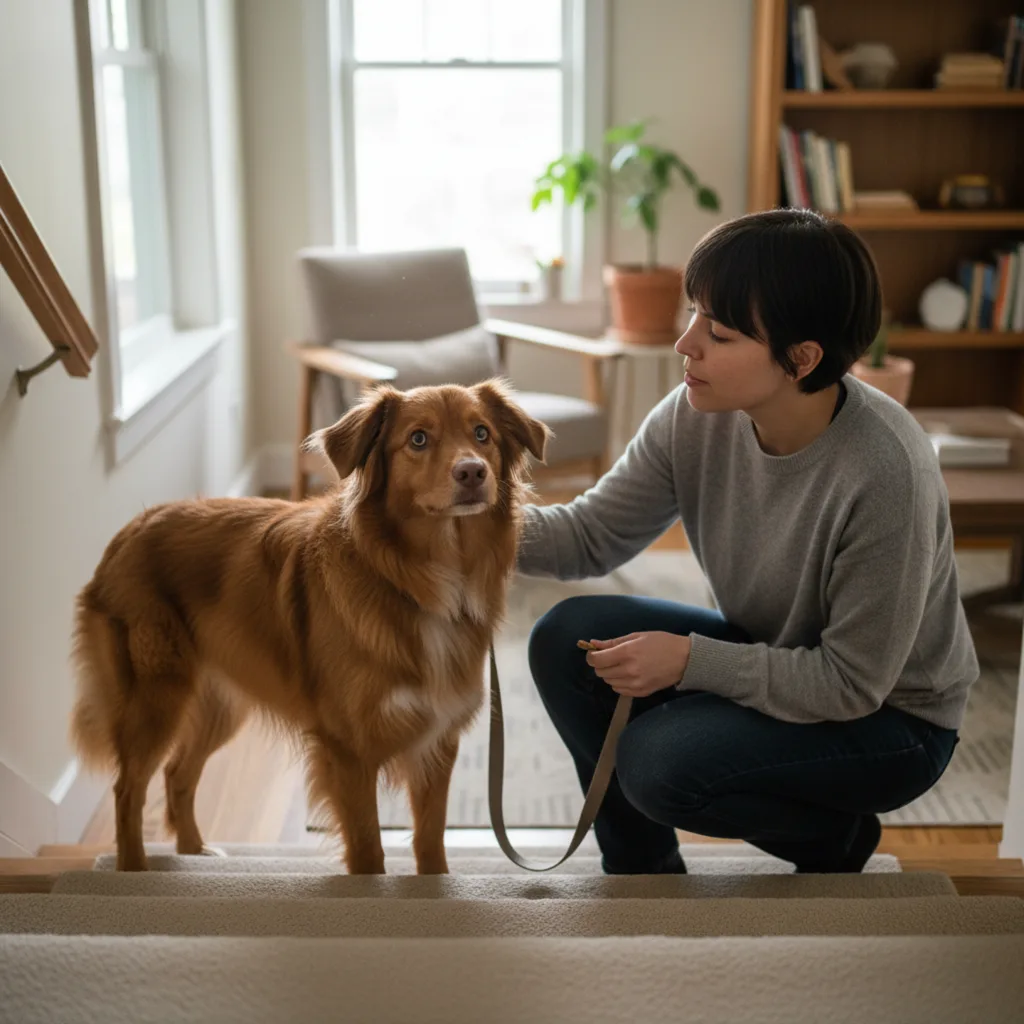 Portada del artículo Mi perro tiene miedo a las escaleras: cómo ayudarle sin forzarlo ni empeorar el problema